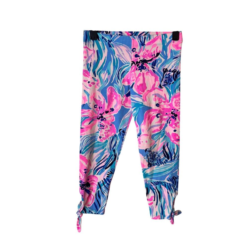 Lilly Pulitzer Girls Pink Blue Floral Tie Hem Cropped Leggings Size L 8-10